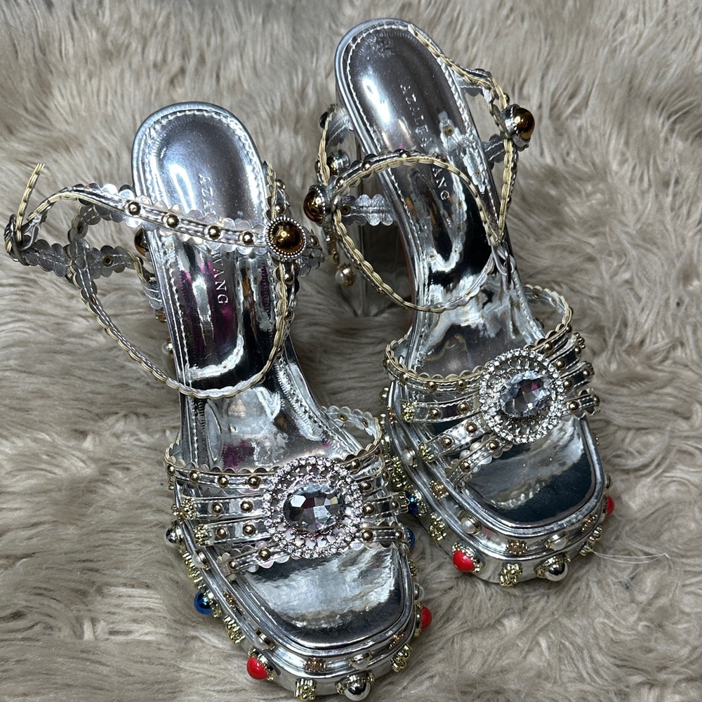 Embellished Silver Platform Heels with Multicolor Gems - Women's - Picture 6 of 7